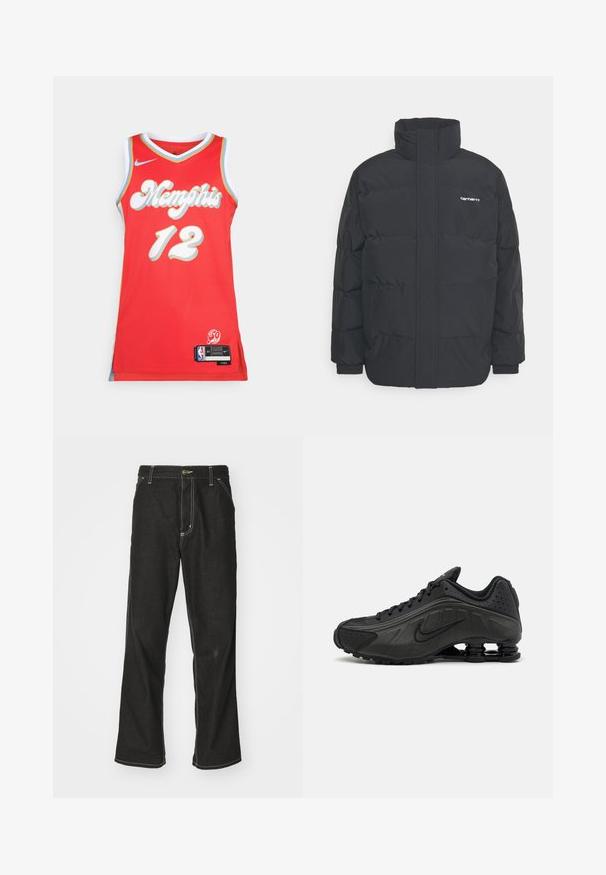 Sort pufferjakke med høj krave, lynlås foran og elastiske manchetter. Har en lomme og et lille logo på brystet. Tekstureret overflade.; Nike Performance NBA CITY EDITION MEMPHIS GRIZZLIES JA MORANT - Klub merchandise - university red; Sorte denimjeans med løs pasform, der har kontrasterende hvid syning, en knaplukning og et lige ben-design.; Sorte løbesko med en glat syntetisk overdel, perforerede detaljer, teksturerede sidedele og en distinkt fjedrende sål.