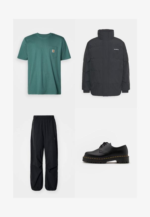 Čierna puffová bunda s vysokým golierom, zipom vpredu a elastickými manžetami. Obsahuje vrecko a malé logo na hrudi. Textúrovaný povrch.; Tyrkysové bavlnené tričko s krátkymi rukávmi, okrúhlym výstrihom a vreckom na ľavej strane hrudi s nášivkou v tvare štvorca.; Čierne ľahké cargo nohavice s elastickým pásom, bočnými zipsami a priestrannými vreckami. Majú voľný strih a zúžené manžety.; Čierna kožená šnurovacia topánka s okrúhlou špičkou, štruktúrovanou gumovou podrážkou a žltým prešitím okolo základne. Plný dizajn a hladký povrch.
