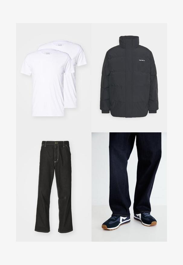 Black puffer jacket with a high collar, zip front, and elastic cuffs. Features a pocket and a small logo on the chest. Textured surface.; Two white cotton t-shirts with short sleeves, round necklines, and Lee branding on the tags. Smooth texture, classic fit, no additional patterns.; Black denim jeans with a loose fit, featuring contrasting white stitching, a button closure, and a straight leg design.; Navy and white athletic shoes with a textured upper, laces, and rubber sole, paired with dark denim pants with orange stitching.