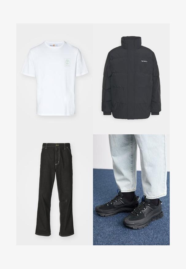 Casaco acolchoado preto com colarinho alto, fecho de correr à frente e punhos elásticos. Apresenta um bolso e um pequeno logótipo no peito. Superfície texturada.; Camiseta branca de algodão com mangas curtas, apresentando um logótipo verde claro na área do peito esquerdo. Design clássico de gola redonda.; Calças de ganga pretas de corte largo, com costuras brancas em contraste, fecho de botão e design de perna reta.; Sapatilhas desportivas pretas com tecido texturizado e solas em borracha, apresentando atacadores elásticos e um detalhe azul no calcanhar. Usadas com calças de ganga claras.