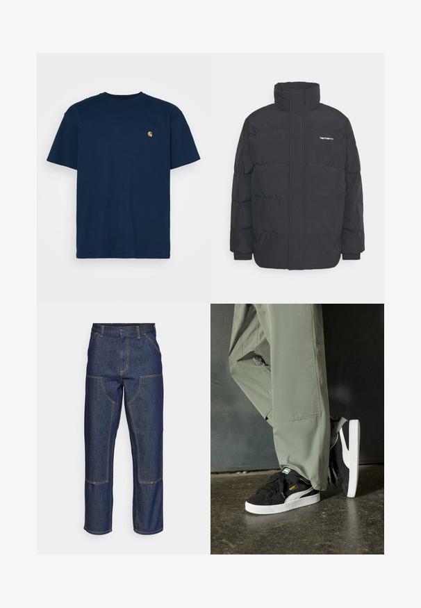Čierna puffová bunda s vysokým golierom, zipom vpredu a elastickými manžetami. Obsahuje vrecko a malé logo na hrudi. Textúrovaný povrch.; Carhartt WIP CHASE - Základné tričko - mizar/gold; Tmavomodré denimové džínsy s vysokým pásom, rovného strihu, kontrastným prešívaním a vreckami na prednej strane.; Čierne semišové tenisky s bielymi gumovými podrážkami a postrannými prúžkami, v kombinácii s svetlozelenými cargo nohavicami, stojace na textúrovanom tmavom povrchu.