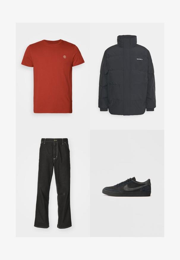 Juodas pūkinis švarkas su aukšta apykakle, užtrauktuku priekyje ir elastingomis rankovėmis. Yra kišenė ir mažas logotipas ant krūtinės. Tekstūruotas paviršius.; Raudona medvilninė marškinėliai su trumpomis rankovėmis ir apvaliu iškirpimu, turintys mažą išsiuvinėtą logotipą kairėje krūtinės pusėje. Lygus paviršius, klasikinis siluetas.; Juodi džinsai su laisvu siluetu, turintys kontrastingas balto siūlo siūles, mygtuko uždarymą ir tiesų kojos dizainą.; Juodi suediniai sportbačiai su žemu profiliu, guminiu padu, tekstūruotomis šoninėmis dalimis ir toniniu Nike swoosh logo. Su raišteliais priekyje, paminkštintu apykakle.