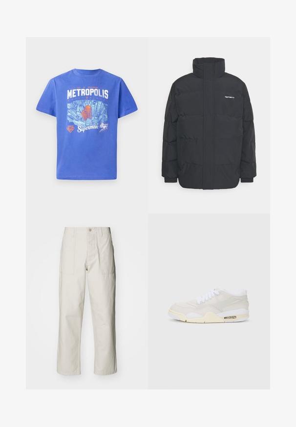 Čierna puffová bunda s vysokým golierom, zipom vpredu a elastickými manžetami. Obsahuje vrecko a malé logo na hrudi. Textúrovaný povrch.; Modrá bavlnená tričko s krátkymi rukávmi. Obsahuje grafiku panorámy Metropolisu a logo Supermana v bielej a oranžovej farbe. Dizajn s okrúhlym výstrihom.; Svetlosivé široké nohavice vyrobené z bavlny. Majú predné vrecká a zapínanie na gombík. Hladká textúra so subtílnymi vertikálnymi pruhmi.; Tenisky s svetlo béžovým syntetickým zvrškom, bielymi šnúrkami a viditeľným tlmením. Majú hladkú podrážku a jemné bočné akcenty.