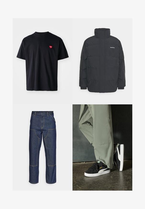 Chaqueta de plumas negra con cuello alto, cierre de cremallera frontal y puños elásticos. Cuenta con un bolsillo y un pequeño logo en el pecho. Superficie texturizada.; Camiseta de algodón negra con cuello redondo y mangas cortas. Presenta un pequeño logo de corazón rojo en la parte izquierda del pecho.; Jeans de mezclilla azul oscuro con cintura alta, diseño de pierna recta, costuras contrastantes y bolsillos de parche en la parte delantera.; Zapatillas de ante negras con suelas de goma blancas y rayas laterales, combinadas con pantalones cargo verde claro, de pie sobre una superficie oscura texturizada.