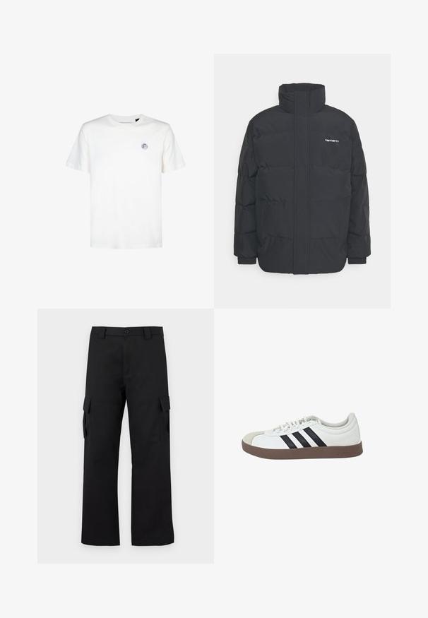 Chaqueta de plumas negra con cuello alto, cierre de cremallera frontal y puños elásticos. Cuenta con un bolsillo y un pequeño logo en el pecho. Superficie texturizada.; Camiseta de algodón blanca con escote redondo y mangas cortas. Presenta un pequeño logotipo circular en la parte superior izquierda del pecho.; Pantalones cargo negros con un diseño de pierna recta. Fabricados con un tejido duradero, cuentan con dos bolsillos laterales con cierres de solapa y una cremallera de botón.; Zapatilla blanca con puntera de ante gris, diseño de tres franjas negras y suela de goma marrón. Presenta un cierre con cordones y un collarín acolchado.