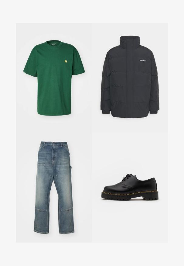 Fekete puffKabát magas nyakkal, cipzáros előlappal és rugalmas mandzsettával. Tartalmaz egy zsebet és egy kis logót a mellkason. Texturált felület.; Carhartt WIP CHASE - Basic póló - sycamore tree/gold; Világoskék, laza szabású farmernadrág, denimből készült. Széles lábakkal, nagy elülső zsebekkel és kontrasztos varrási részletekkel rendelkezik.; Fekete bőr, fűzős cipő lekerekített orral, texturált gumitalppal és sárga varrással az alján. Lapos design és sima felület.