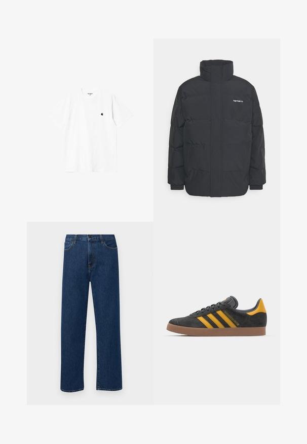 Casaco acolchoado preto com colarinho alto, fecho de correr à frente e punhos elásticos. Apresenta um bolso e um pequeno logótipo no peito. Superfície texturada.; T-shirt de algodão branco com mangas curtas, gola redonda e um pequeno logótipo preto no lado esquerdo do peito. Textura suave e corte padrão.; Jeans de denim azul escuro, de perna reta, com bolsos frontais e fecho de botão, exibidos sobre um fundo branco liso.; Tenis em camurça preta com detalhes amarelos, apresentando três riscas e uma sola de borracha castanha. Inclui uma língua acolchoada para maior conforto.