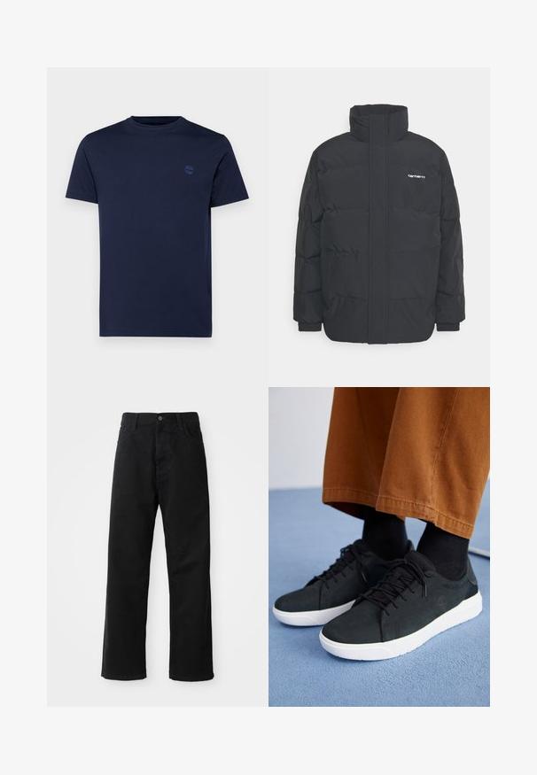 Černá zimní bunda s vysokým límcem, zipem vpředu a elastickými manžetami. Má kapsu a malé logo na hrudi. Texturovaný povrch.; Námořnická modrá bavlněná trička s kulatým výstřihem, krátkými rukávy a malým vyšitým logem na hrudi. Hladká textura, klasický střih.; Černé džínové kalhoty s rovný střih, s předními kapsami, zipovým zapínáním a jedním horním knoflíkem. Texturovaná látka s matným povrchem.; Černé semišové tenisky s bílými gumovými podešvemi, s šněrovacím designem, texturovanými detaily a jemným logem, spárované s hnědými kalhotami.