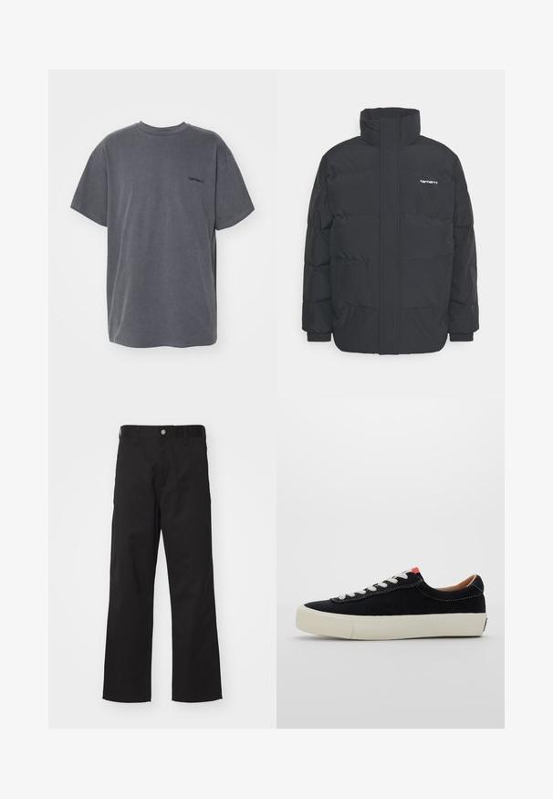 Melnā pūkainā jaka ar augstu apkakli, rāvējslēdzēja priekšpusi un elastīgām piedurknēm. Iespējama kabata un neliels logo uz krūtīm. Strukturēta virsma.; Carhartt WIP DUSTER SCRIPT - Pamata T-krekls - black; Melnas bikses, kas izgatavotas no izturīga auduma ar taisnu piegriezumu, ar priekšējo pogu aizdari, jostas cilpām un bez redzamām modeļiem vai akcentiem.; Melnas auduma sporta apavi ar baltām šņorēm, bēša gumijas zole un sarkans akcents papēdī. Apaļa purngala forma un minimālistisks šuvju dizains.