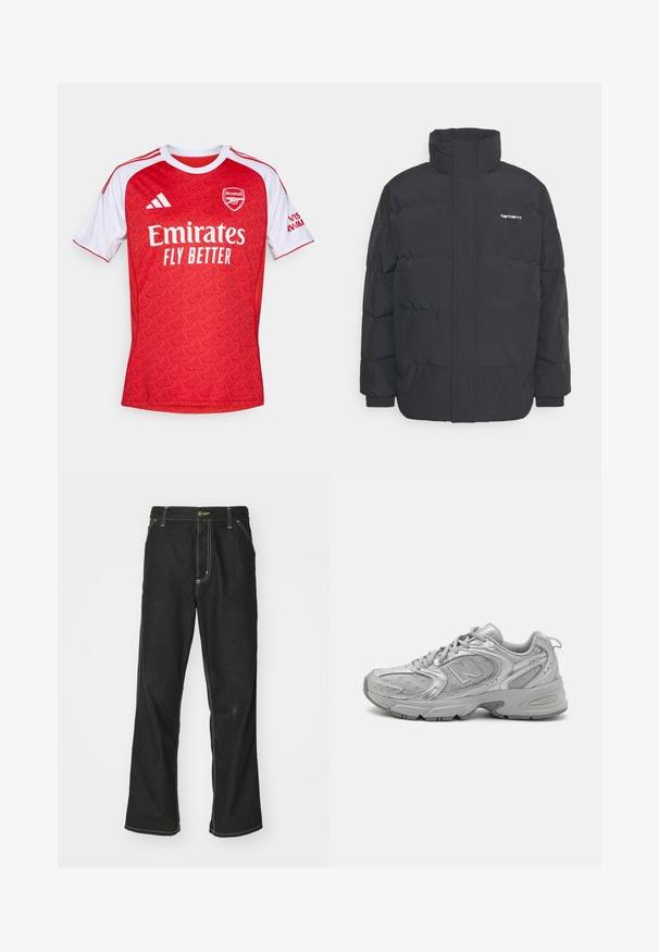 Jachetă puf black cu un guler înalt, închidere cu fermoar frontal și manșete elastice. Are un buzunar și un mic logo pe piept. Suprafață texturată.; Tricou de fotbal roșu cu accente albe, având un model geometric, guler rotund și logo-ul Arsenal, împreună cu brandingul "Emirates Fly Better".; Jeans negri din denim, cu o croială largă, cu cusături albe contrastante, închidere cu nasture și un design cu picior drept.; Pantof la sport argintiu cu un design elegant, panouri din plasă, limbă căptușită, partea superioară din material sintetic texturat și talpă din cauciuc pentru aderență.