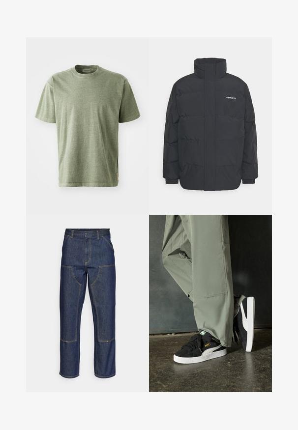 Juodas pūkinis švarkas su aukšta apykakle, užtrauktuku priekyje ir elastingomis rankovėmis. Yra kišenė ir mažas logotipas ant krūtinės. Tekstūruotas paviršius.; Olive žalio medvilnės marškinėliai su trumpomis rankovėmis, apvaliu iškirpimu ir subtilia tekstūra. Turime mažą logotipo etiketę šone.; Tamsiai mėlynos džinsinės kelnes su aukštu liemeniu, tiesaus kirpimo dizainu, kontrastinėmis siūlėmis ir kišenėmis priekyje.; Juodi suede sportbačiai su baltais guminiais padais ir šoninėmis juostelėmis, derinami su šviesiai žaliais kargo kelnais, stovintys ant tekstūruoto tamsaus paviršiaus.