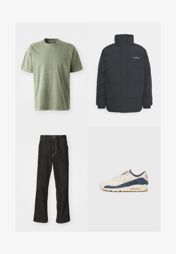 Melnā pūkainā jaka ar augstu apkakli, rāvējslēdzēja priekšpusi un elastīgām piedurknēm. Iespējama kabata un neliels logo uz krūtīm. Strukturēta virsma.; Oluļzaļš kokvilnas T-krekls ar īsām piedurknēm, apaļu kakla izgriezumu un smalku tekstūru. Tam ir maza zīmola marķējuma birka sānos.; Melni džinsi ar brīvu piegriezumu, ar kontrastējošu baltu diegu, pogu aizdari un taisnu kāju dizainu.; Apavi ar krēmīgu ādas un tumši zilu zamša augšdaļu, ar redzamu gaisa zoli, bēša gumijas zoli un sarkanu akcentu uz papēža.