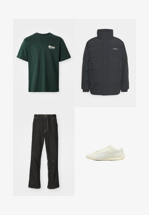 Černá zimní bunda s vysokým límcem, zipem vpředu a elastickými manžetami. Má kapsu a malé logo na hrudi. Texturovaný povrch.; Zelené bavlněné tričko s kulatým výstřihem, krátkými rukávy a bílým logem na levé horní straně. Lehce uvolněný střih a hladká textura.; Černé denimové džíny s volným střihem, s kontrastním bílým prošíváním, zapínáním na knoflík a rovnými nohavicemi.; Světle šedá sportovní bota z nubuku, s hladkým povrchem, kulatou špičkou, minimalistickým designem, šněrováním a texturovanými bočními akcenty.