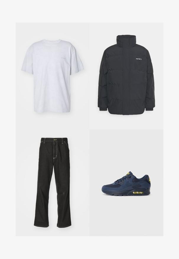 Jachetă puf black cu un guler înalt, închidere cu fermoar frontal și manșete elastice. Are un buzunar și un mic logo pe piept. Suprafață texturată.; Carhartt WIP DUSTER SCRIPT - Tricou basic - basalt; Jeans negri din denim, cu o croială largă, cu cusături albe contrastante, închidere cu nasture și un design cu picior drept.; Adidașii Nike Air Max de culoare bleu marin, cu un upper din suede și plasă, având accente galbene, sistem de șireturi în față și amortizare vizibilă în talpă.