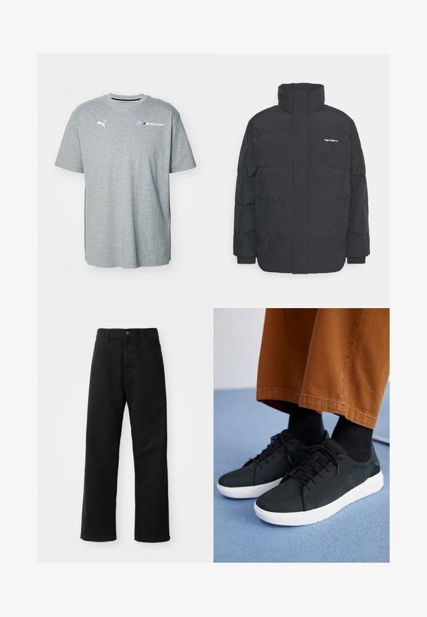 Černá zimní bunda s vysokým límcem, zipem vpředu a elastickými manžetami. Má kapsu a malé logo na hrudi. Texturovaný povrch.; Šedé bavlněné tričko s krátkým rukávem, s kulatým výstřihem, se zřetelně vytištěnými logy v bílé a modré barvě a jemnými červenými akcenty po stranách.; Černé džínové kalhoty s rovný střih, s předními kapsami, zipovým zapínáním a jedním horním knoflíkem. Texturovaná látka s matným povrchem.; Černé semišové tenisky s bílými gumovými podešvemi, s šněrovacím designem, texturovanými detaily a jemným logem, spárované s hnědými kalhotami.