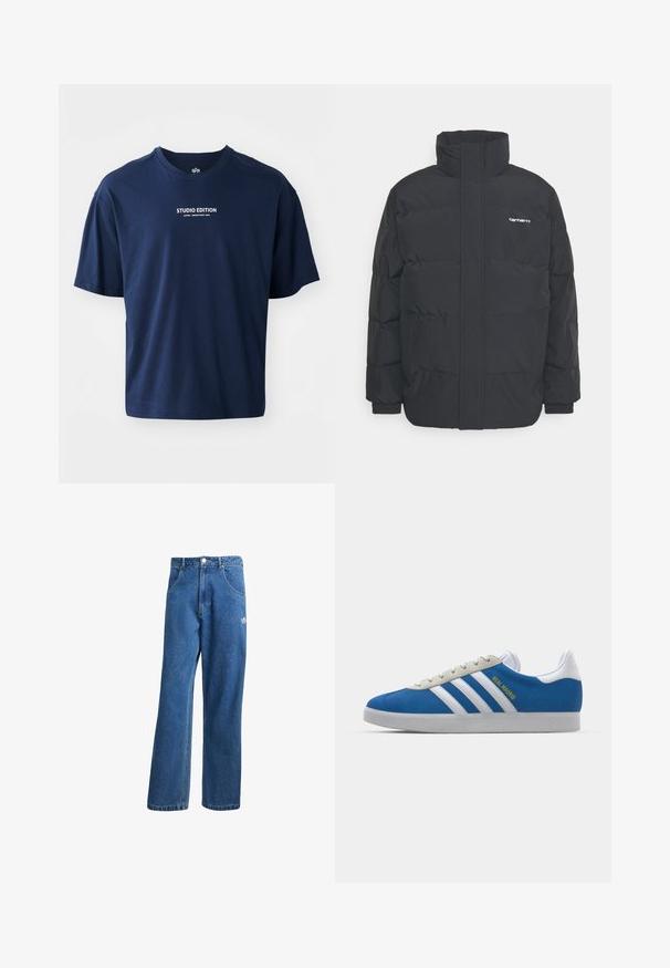 Czarna kurtka puchowa z wysoką kołnierzem, zamkiem z przodu i elastycznymi mankietami. Posiada kieszeń oraz małe logo na piersi. Teksturowana powierzchnia.; Granatowa koszulka z krótkim rękawem wykonana z bawełny, z okrągłym dekoltem i białym napisem "STUDIO EDITION" z przodu.; Niebieskie dżinsy o wysokim stanie i szerokich nogawkach z przednimi kieszeniami, paskiem, zapięciem na guziki oraz małym logo Adidas na prawej udzie.; adidas Originals GAZELLE niebieski
