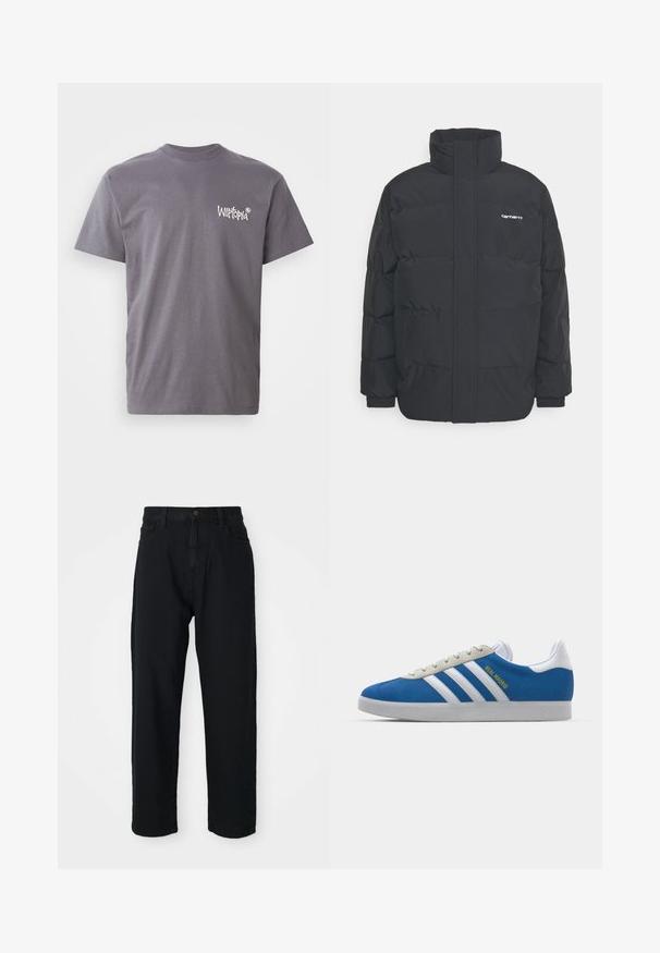 Sort pufferjakke med høj krave, lynlås foran og elastiske manchetter. Har en lomme og et lille logo på brystet. Tekstureret overflade.; Grå bomulds T-shirt med rund halsudskæring og korte ærmer, med en hvid "Witopia" logo trykt på venstre brystområde.; Sorte denim bukser med lige ben. Med klassisk fem-lomme design, knaplukning og subtil stofstruktur.; adidas Originals ADIDAS GAZELLE SHOES - Indendørsfodboldstøvler - real madrid/bluebird/footwear white/crew yellow