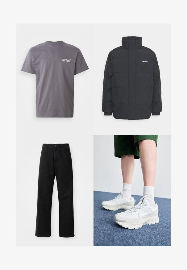 Mustam varrukas jope kõrge kaelusega, vipptõmblusega ja elastsete mansettidega. Omaduseks on tasku ja väike logo rinnal. Tekstuuritud pind.; Hallhalli hallihärk särg, millel on ümar kaelus ja lühikesed varrukad, ning mille vasakul rinnal on valge "Witopia" logo.; Mustadest denimist püksid sirge lõikega, mis sisaldavad ees taskuid, lukufliisi ja ühte ülemist nööpi. Tekstureeritud kangas mati viimistlusega.; Valged sportsijalatsid tekstuursete pealsete, kopsaka tallaga ja hallide aktsentidega. Kanda valgete lühikeste sokkidega ja roheliste lühikeste pükstega sinisel pinnal.