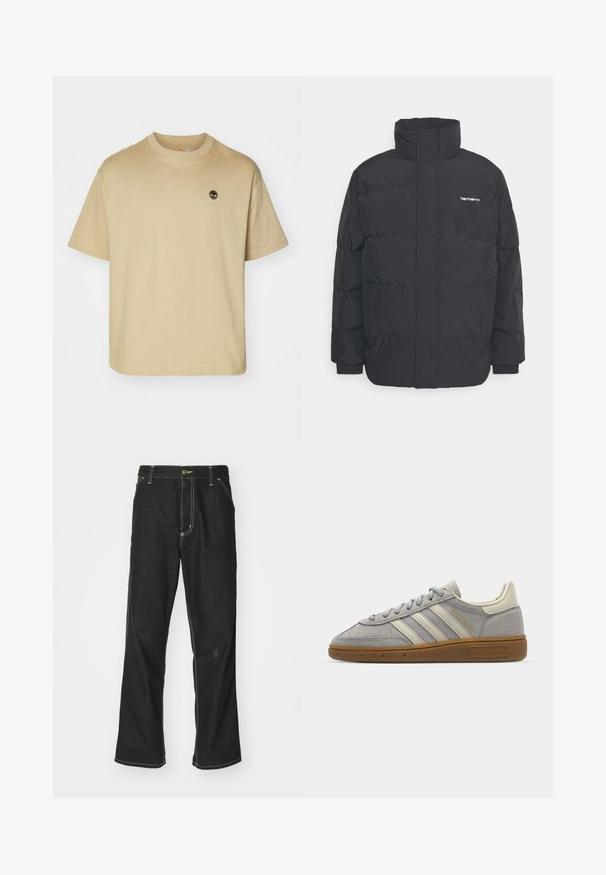 Black puffer jacket with a high collar, zip front, and elastic cuffs. Features a pocket and a small logo on the chest. Textured surface.; Beige cotton t-shirt with short sleeves, crew neck, and a small embroidered logo on the chest. Classic boxy fit and smooth texture.; Black denim jeans with a loose fit, featuring contrasting white stitching, a button closure, and a straight leg design.; Gray suede sneakers with light gray leather stripes and a gum rubber sole. Features include lace closure and subtle branding on the tongue.