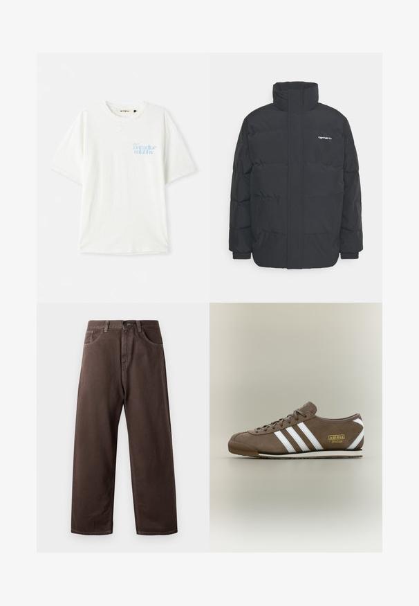 Črna puhasta jakna z visokim ovratnikom, z zadrgo spredaj in elastičnimi manšetami. Ima žep in majhen logotip na prsih. Teksturirana površina.; Bela bombažna majica s prostim krojem, z okroglim izrezom. Na zgornji levi strani prikazuje svetlo modro besedilo. Teksturna tkanina.; Rjave široke hlače iz bombaža, ki imajo klasičen dizajn s petimi žepi, zadrgo in vidne šive.; Rjav semiš športni copat s tremi belimi črtami, ravnim gumijastim podplatom, okroglim sprednjim delom in zlatim logotipom "adidas Italia" na strani.