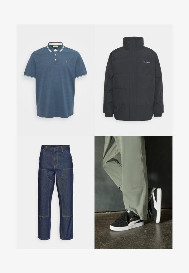 Crna puffer jakna s visokim ovratnikom, prednjim zatvaračem i elastičnim manžetama. Ima džep i mali logo na prsima. Teksturalna površina.; Muška plava majica s kratkim rukavima u obliku polo sa bijelim i svijetloplavi prugastim ovratnikom i rubovima rukava, tri gumba sprijeda i malim logotipom na prsima.; Tamno plave traperice s visokim strukom, ravnog kroja, kontrastnim šavovima i otvorenim džepovima sprijeda.; Crne nubuk tenisice s bijelim gumennim potplatima i bočnim trakama, uparene s svijetlozelenim cargo hlačama, stoje na teksturiranoj tamnoj površini.