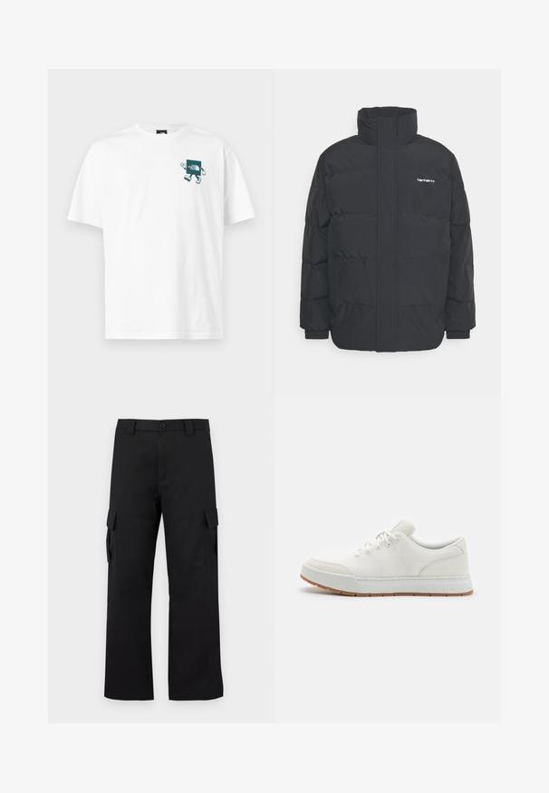 Czarna kurtka puchowa z wysoką kołnierzem, zamkiem z przodu i elastycznymi mankietami. Posiada kieszeń oraz małe logo na piersi. Teksturowana powierzchnia.; Biała bawełniana koszulka z grafikiem w kolorze turkusowym na piersi, przedstawiająca prostokątnego bohatera z ramionami i nogami oraz tekstem marki.; Czarne spodnie cargo o prostym kroju. Wykonane z trwałej tkaniny, posiadają dwie boczne kieszenie z klapkami oraz zapięcie na guzik.; Białe buty sportowe z siateczkową cholewką, okrągłym noskiem i gumową podeszwą z teksturowanym wzorem. Posiadają płaskie sznurowadła i subtelną markę na pięcie.