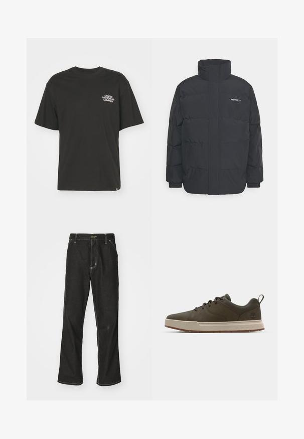 Chaqueta de plumas negra con cuello alto, cierre de cremallera frontal y puños elásticos. Cuenta con un bolsillo y un pequeño logo en el pecho. Superficie texturizada.; Dickies GRAPHIC TEE - Camiseta estampada - black; Jeans de mezclilla negra con un corte holgado, que cuentan con costuras blancas contrastantes, cierre de botón y un diseño de pierna recta.; Zapatilla verde oscura con parte superior lisa, entresuela beige claro y suela de goma. Presenta puntera redondeada y un branding mínimo en el talón.