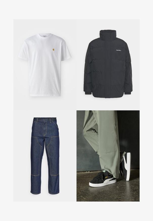Mustam varrukas jope kõrge kaelusega, vipptõmblusega ja elastsete mansettidega. Omaduseks on tasku ja väike logo rinnal. Tekstuuritud pind.; Valge puuvillane t-särk lühikeste varrukatega, ümmargune kaelus, millel on väike kuldne logo vasakul rinnal. Pehme tekstuur ja regulaarne lõike.; Tumedast sinisest denimmaterjalist teksad kõrge talje, sirge sääre disainiga, kontrastsete õmblustega ning ees taskud plaastritega.; Mustad nubukist spordijalatsid valgete kummist tallade ja külgriidega, koos heleda rohelise cargo-pükstega, seistes tekstureeritud tumedal pinnasel.