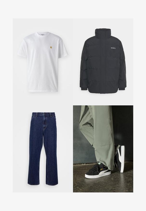 Zwarte pufferjas met een hoge kraag, rits aan de voorkant en elastische manchetten. Bevat een zak en een klein logo op de borst. Getextureerd oppervlak.; Witte katoenen t-shirt met korte mouwen en ronde hals, voorzien van een klein gouden logo op de linkerkant van de borst. Zachte textuur en een normale pasvorm.; Donkerblauwe denim jeans met een recht-uitlopende pasvorm, voorzien van een knoopsluiting, vijf zakken en subtiele stikseldetails.; Zwarte suède sneakers met witte rubberen zolen en zijstrepen, gecombineerd met lichtgroene cargobroeken, staande op een gestructureerd donker oppervlak.