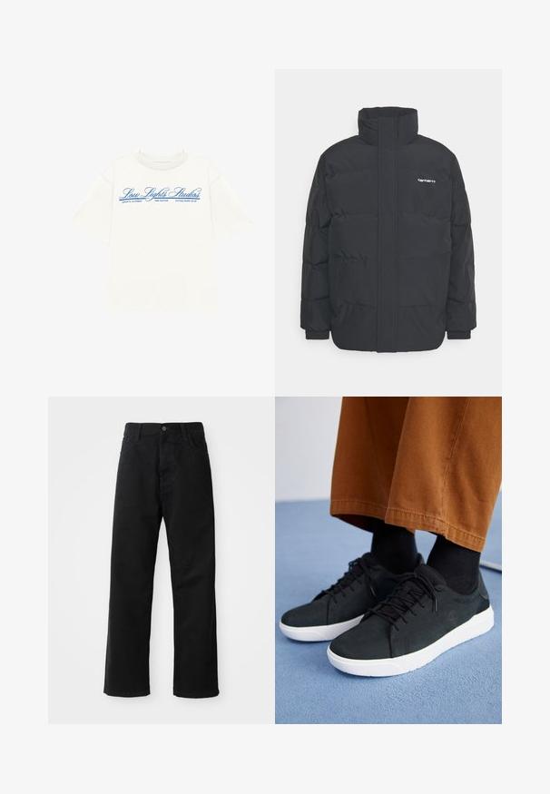 Black puffer jacket with a high collar, zip front, and elastic cuffs. Features a pocket and a small logo on the chest. Textured surface.; LOW LIGHTS STUDIOS® NATIONAL - Print T-shirt - ecru; Black denim pants with a straight cut, featuring front pockets, a zip fly, and a single top button. Textured fabric with a matte finish.; Black suede sneakers with white rubber soles, featuring lace-up design, textured accents, and subtle branding, paired with brown pants.