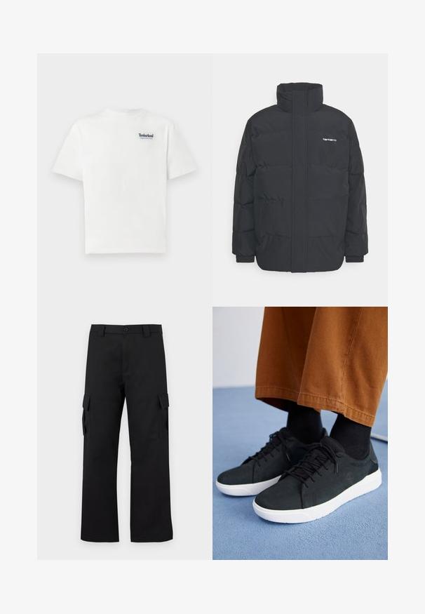Juodas pūkinis švarkas su aukšta apykakle, užtrauktuku priekyje ir elastingomis rankovėmis. Yra kišenė ir mažas logotipas ant krūtinės. Tekstūruotas paviršius.; Balta medvilnė marškinėliai su mėlynu siuvinėtu "Timberland Rugged Active Gear" logotipu kairiajame krūtinės viršuje. Trumpi rankovės ir apvalus kaklas.; Juodi cargo kelnės su tiesiu kojų dizainu. Pagamintos iš tvirto audinio, turi dvi šonines kišenes su užsegamais dangteliais ir mygtukų užtrauktuką.; Juodi zomšiniai sneakeriai su baltais guminiais padais, su raištelių uždėjimo dizainu, tekstūruotais akcentais ir subtiliu prekių ženklu, derinami su rudomis kelnėmis.