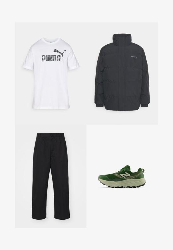 Black puffer jacket with a high collar, zip front, and elastic cuffs. Features a pocket and a small logo on the chest. Textured surface.; White short-sleeve t-shirt made of cotton, featuring a large camouflage-patterned "PUMA" logo with a leaping puma graphic above it.; Black cotton trousers with a straight fit, featuring a button closure, two front pockets, and a smooth texture.; Green athletic sneaker with thick beige sole, black tread, and white "N" logo on side, shown from outer side view.