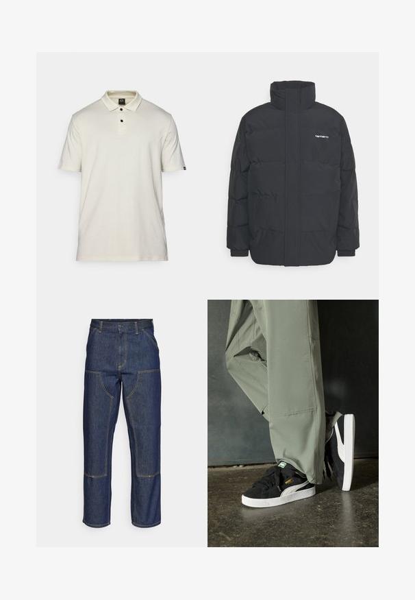 Schwarze Daunenjacke mit hohem Kragen, Reißverschluss vorne und elastischen Bündchen. Verfügt über eine Tasche und ein kleines Logo auf der Brust. Strukturiert Oberfläche.; Kurzarm-Poloshirt aus leichtem beigen Baumwollstoff, mit klassischem Kragen, Knopfverschluss mit drei Knöpfen und kleinem Logo auf dem linken Ärmel.; Dunkelblaue Jeans aus Denim mit hoher Taille, geradem Bein-Design, kontrastierenden Nähten und aufgesetzten Taschen auf der Vorderseite.; Schwarze Wildleder-Sneaker mit weißen Gummisohlen und seitlichen Streifen, kombiniert mit hellgrünen Cargo-Hosen, stehen auf einer strukturierten dunklen Oberfläche.