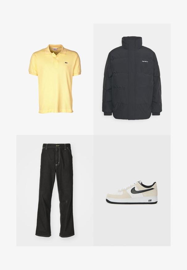 Svart pufferjacka med hög krage, dragkedja framtill och elastiska muddar. Har en ficka och en liten logotyp på bröstet. Texturerad yta.; Gul polo skjorta i bomull, med en tvåknapps krage, korta ärmar och en liten svart krokodil-logotyp på bröstet.; Svarta denimjeans med en lös passform, med kontrasterande vita sömmar, knäppning och raka ben.; Sneakers med en ljus beige mocka och vit läderöverdela, svart Nike swoosh, svarta detaljer och en vit gummisula med "AIR"-branding.