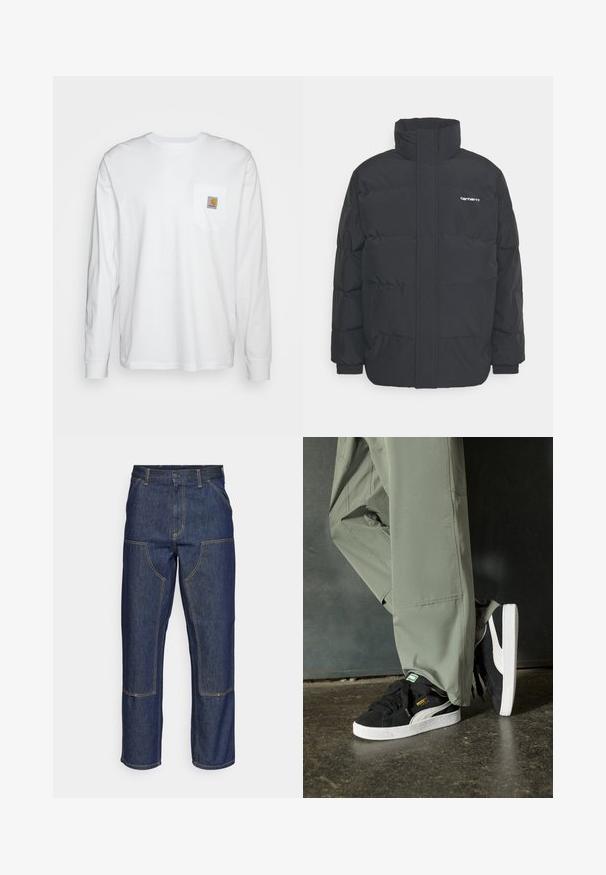 Juodas pūkinis švarkas su aukšta apykakle, užtrauktuku priekyje ir elastingomis rankovėmis. Yra kišenė ir mažas logotipas ant krūtinės. Tekstūruotas paviršius.; Ilgaai balta marškiniai, pagaminti iš medvilnės, su krūtinės kišene ir kvadratiniu logotipo ženkleliu. Paprastas dizainas su apvaliu iškirpimu ir apsaugotomis rankovėmis.; Tamsiai mėlynos džinsinės kelnes su aukštu liemeniu, tiesaus kirpimo dizainu, kontrastinėmis siūlėmis ir kišenėmis priekyje.; Juodi suede sportbačiai su baltais guminiais padais ir šoninėmis juostelėmis, derinami su šviesiai žaliais kargo kelnais, stovintys ant tekstūruoto tamsaus paviršiaus.