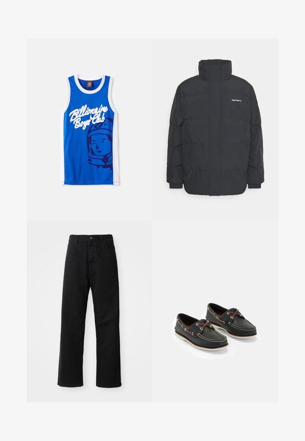 Zwarte pufferjas met een hoge kraag, rits aan de voorkant en elastische manchetten. Bevat een zak en een klein logo op de borst. Getextureerd oppervlak.; Blauwe mesh tanktop met een witte "Billionaire Boys Club" logo en een afbeelding van een astronaut. Witte afwerking langs de armen en de nek.; Zwarte denim broek met een rechte pasvorm, voorzien van voorzakken, een rits en een enkele bovenste knoop. Gestructureerde stof met een matte afwerking.; Marine leren botenschoenen met gele stiksels, rode veters en zilveren oogjes; ronde neus; witte rubberen zool.