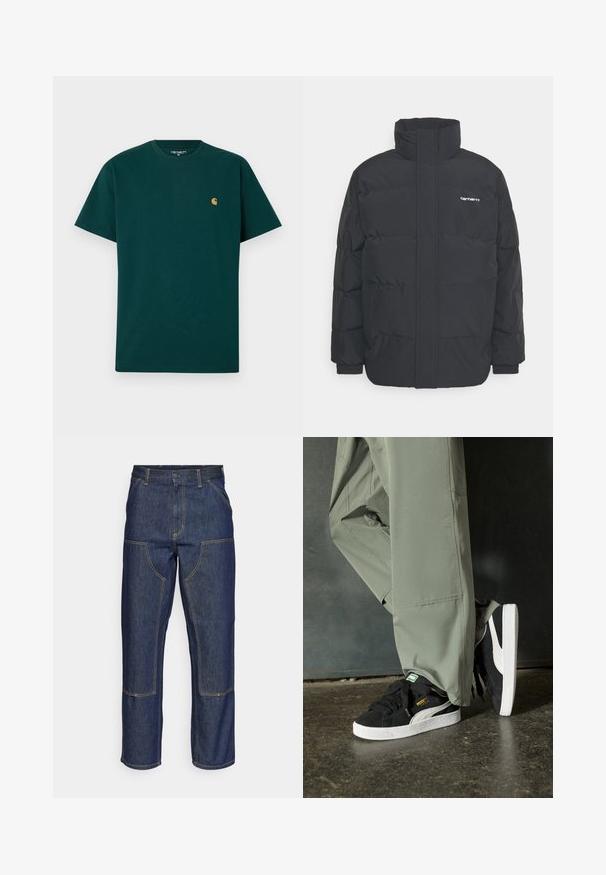 Sort pufferjakke med høj krave, lynlås foran og elastiske manchetter. Har en lomme og et lille logo på brystet. Tekstureret overflade.; Grøn bomulds t-shirt med korte ærmer, rund halsudskæring og et lille gult logo på brystet. Glat tekstur og enkelt design.; Mørkeblå denim jeans med høj talje, lige ben-design, kontrastsyninger og lappelommer foran.; Sorte ruskinds sneakers med hvide gummisåler og sidestreger, parret med lysegrønne cargo bukser, stående på en struktureret mørk overflade.