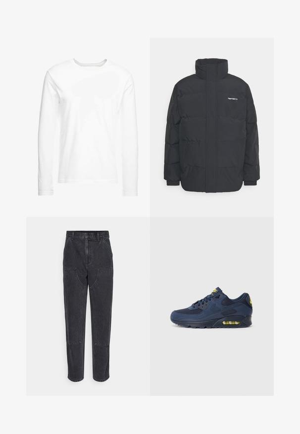 Schwarze Daunenjacke mit hohem Kragen, Reißverschluss vorne und elastischen Bündchen. Verfügt über eine Tasche und ein kleines Logo auf der Brust. Strukturiert Oberfläche.; Langärmliges, weißes T-Shirt aus weicher Baumwolle. Rundhalsausschnitt mit geraden Saumabschlüssen und ohne sichtbare Muster oder Grafiken.; Schwarze Denim-Jeans mit hoher Taille, geradem Bein und großen frontalen Taschen. Mit kontrastierenden Nähten und ohne sichtbare Logos.; Dunkelblaue Nike Air Max Sneaker mit Obermaterial aus Wildleder und Mesh, ausgestattet mit gelben Akzenten, Schnürung vorne und sichtbarer Luftpolsterung in der Sohle.