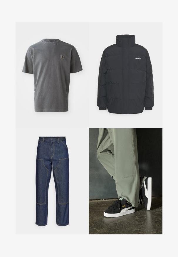 Jachetă puf black cu un guler înalt, închidere cu fermoar frontal și manșete elastice. Are un buzunar și un mic logo pe piept. Suprafață texturată.; Tricou din bumbac gri, cu mâneci scurte, având un mic patch cu logo pe piept, guler rotund și o croială lejeră.; Jeans din denim albastru închis cu talie înaltă, design cu picior drept, cusături contrastante și buzunare cu clapă în față.; Adidași negri din piele întoarsă cu tălpi din cauciuc alb și dungi pe lateral, asortați cu pantaloni cargo verzi deschis, stând pe o suprafață texturată întunecată.