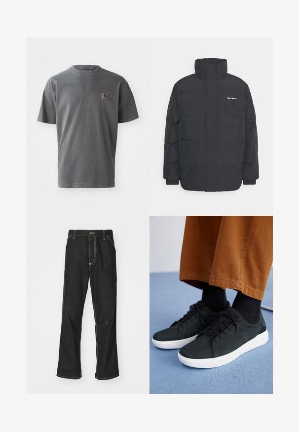 Giacca puffa nera con colletto alto, chiusura con zip frontale e polsini elastici. Presenta una tasca e un piccolo logo sul petto. Superficie testurizzata.; T-shirt in cotone grigio con maniche corte, dotato di una piccola patch con logo sul petto, scollo tondo e vestibilità rilassata.; Jeans in denim nero con una vestibilità ampia, caratterizzati da cuciture bianche a contrasto, chiusura a bottone e un design a gamba dritta.; Sneakers in suede nera con suole in gomma bianca, dotati di un design con lacci, accenti testurizzati e branding sottile, abbinati a pantaloni marroni.