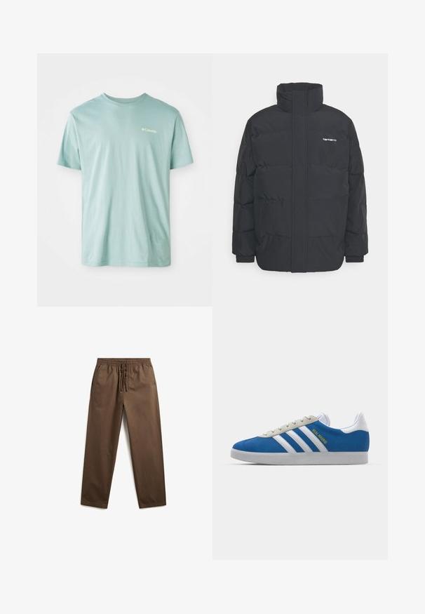 Chaqueta de plumas negra con cuello alto, cierre de cremallera frontal y puños elásticos. Cuenta con un bolsillo y un pequeño logo en el pecho. Superficie texturizada.; Camiseta de algodón azul claro con mangas cortas, escote redondo y un pequeño logo blanco en el pecho. Textura suave, corte casual.; Pantalones marrones de corte relajado con cintura ajustable, textura suave y bolsillos laterales. Diseño simple con piernas rectas.; adidas Originals ADIDAS GAZELLE SHOES - Botines de fútbol sala - real madrid/bluebird/footwear white/crew yellow