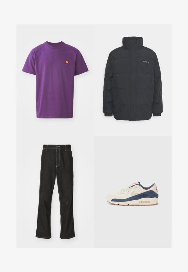 Fekete puffKabát magas nyakkal, cipzáros előlappal és rugalmas mandzsettával. Tartalmaz egy zsebet és egy kis logót a mellkason. Texturált felület.; Lila pamut póló, kerek nyakkivágással. A bal mellen egy kis sárga és piros logó található. Rövid ujjú, szabványos szabású.; Fekete farmernadrág laza szabással, kontrasztos fehér varrással, gombos záródással és egyenes lábmegoldással.; Tejszínbőr és tengerészkék velúr felsőrésszel rendelkező sporty cipők, látható légsóléval, bézs gumitalppal és piros részlettel a saroknál.