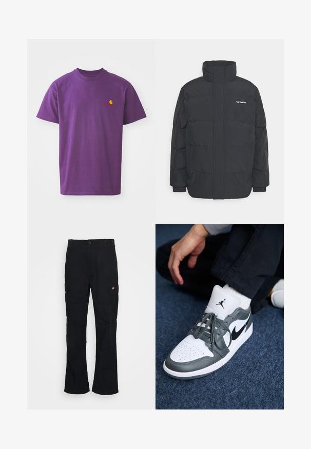 Black puffer jacket with a high collar, zip front, and elastic cuffs. Features a pocket and a small logo on the chest. Textured surface.; Purple cotton t-shirt with a crew neckline. Features a small yellow and red logo on the left chest. Short sleeves, standard fit.; Black cargo pants with a straight leg design, made from durable fabric, featuring side pockets and a patch logo on the left side.; Nike Air Jordan 1 sneakers in white and gray leather, featuring a black logo, perforated toe, and flat gray laces.