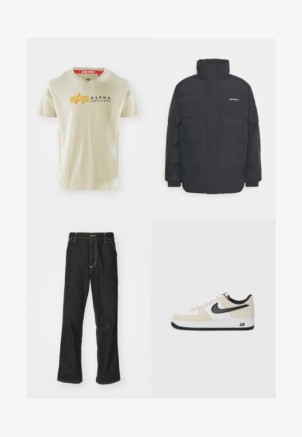 Mustam varrukas jope kõrge kaelusega, vipptõmblusega ja elastsete mansettidega. Omaduseks on tasku ja väike logo rinnal. Tekstuuritud pind.; Beige puuvillane lühikeste varrukatega t-särk, millel on must ja oranž "ALPHA INDUSTRIES" logo ning disainidetailid rinnal.; Mustadest denimist püksid, lahtise lõikega, kontrastsete valgete õmblustega, nööbiga kinnitamine ja sirge säär.; Kergedega helebeež Suede ja valge naha pealispind, must Nike swoosh, mustad aksendid ja valgest kummist põhi, mis peal "AIR" bränding.