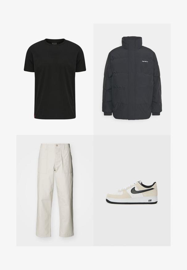 Sort pufferjakke med høj krave, lynlås foran og elastiske manchetter. Har en lomme og et lille logo på brystet. Tekstureret overflade.; Sort t-shirt med korte ærmer lavet af blødt stof. Har en rund halsudskæring og et lille rødt mærke på nederste venstre side.; Lysebeige brede bukser lavet af bomuld. Har forlommer og en knaplukning. Glat tekstur med subtile lodrette linjer.; Sneakers med en lys beige ruskind og hvid læder overdel, sort Nike swoosh, sorte detaljer og en hvid gummisål med "AIR" branding.