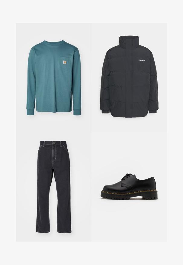 Casaco acolchoado preto com colarinho alto, fecho de correr à frente e punhos elásticos. Apresenta um bolso e um pequeno logótipo no peito. Superfície texturada.; T-shirt de manga longa em teal feito de algodão. Apresenta um decote redondo, bainha reta e um bolso no peito com um patch de logo.; Calças de ganga pretas com corte reto, apresentando um fecho com zíper, cinco bolsos e costuras em contraste ao longo das costuras.; Sapato de pele preta com atacadores, bico arredondado, sola de borracha texturizada e costura amarela à volta da base. Design plano e acabamento liso.