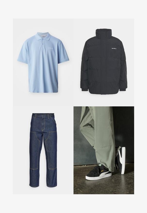 Casaco acolchoado preto com colarinho alto, fecho de correr à frente e punhos elásticos. Apresenta um bolso e um pequeno logótipo no peito. Superfície texturada.; Polo de algodão azul claro com mangas curtas, com abertura de três botões e logótipo bordado no lado esquerdo do peito. Textura suave.; Jeans de ganga escura com uma cintura alta, design de perna reta, costuras em contraste e bolsos de remendo na frente.; Sapatilhas de camurça pretas com solas de borracha branca e riscas laterais, combinadas com calças de carga verde claro, em pé sobre uma superfície escura e texturizada.