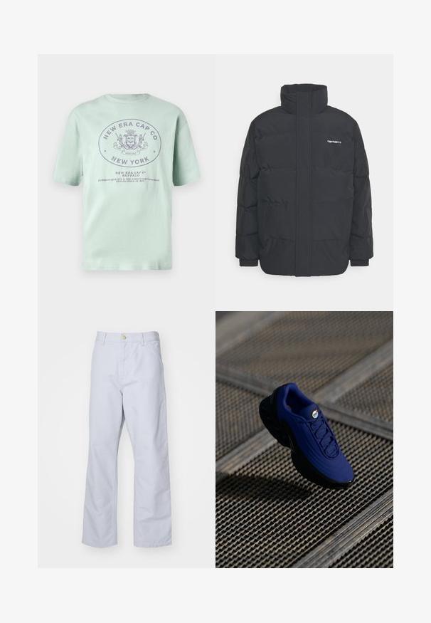 Melnā pūkainā jaka ar augstu apkakli, rāvējslēdzēja priekšpusi un elastīgām piedurknēm. Iespējama kabata un neliels logo uz krūtīm. Strukturēta virsma.; Piparmētru zaļš kokvilnas T-krekls ar īsām piedurknēm. Satur apļveida logotipu tumšāk purpursarkanā krāsā, uz kura ir uzraksti "New Era Cap Co" un "New York."; Gaiši zila, taisnu kāju bikses, izgatavotas no kokvilnas. Tām ir priekšējā kabata, rāvējslēdzēja aizdare un viena metāla pogas jostasvietā.; Zila sporta kurpe ar teksturētu virsotni, melnu zoli un auklām. Uz mēles ir "gaisa" zīmols, kā arī redzami gaisa amortizācijas elementi.