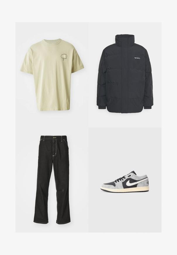 Melnā pūkainā jaka ar augstu apkakli, rāvējslēdzēja priekšpusi un elastīgām piedurknēm. Iespējama kabata un neliels logo uz krūtīm. Strukturēta virsma.; Gai pelēkbrūns kokvilnas T-krekls ar īsām piedurknēm, kas iepriekš redzēts ar mazu pelēku mākoņu grafiku kreisajā krūšu daļā. Vienkāršs, kastveida dizains.; Melni džinsi ar brīvu piegriezumu, ar kontrastējošu baltu diegu, pogu aizdari un taisnu kāju dizainu.; Nike Air Jordan 1 Low pelēkā un melnajā zamšā ar baltām akcentiem. Iezīmes ietver mīkstu zoli un klasisko Nike swoosh logotipu.