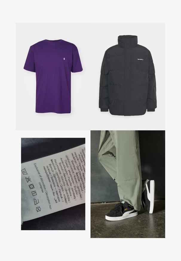 Giacca puffa nera con colletto alto, chiusura con zip frontale e polsini elastici. Presenta una tasca e un piccolo logo sul petto. Superficie testurizzata.; T-shirt di cotone viola, maniche corte, collo a giro, con un piccolo logo bianco sul petto sinistro. Texture liscia con una vestibilità rilassata.; Etichetta con testo multilingue, simboli di cura e icone di riciclo, stampata su un materiale morbido simile a stoffa di colore chiaro.; Sneaker in suede nero con suole in gomma bianca e strisce laterali, abbinate a pantaloni cargo verde chiaro, in piedi su una superficie scura e texture.
